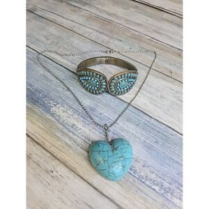 Large Turquoise Blue Heart Faux Ball Bead 18" Chain Necklace Bonus Bracelet